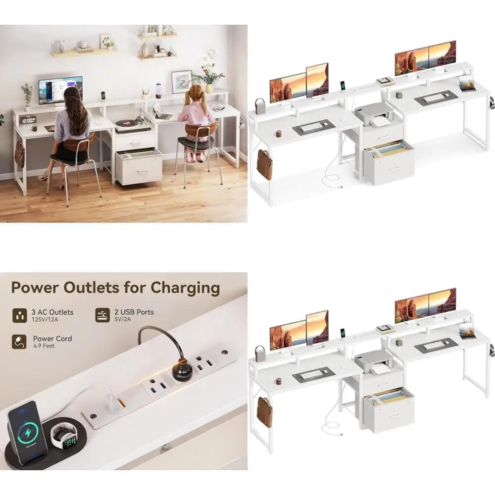Two-seat computer desk in fabric and metal with container, power outlet and monitor holder, white