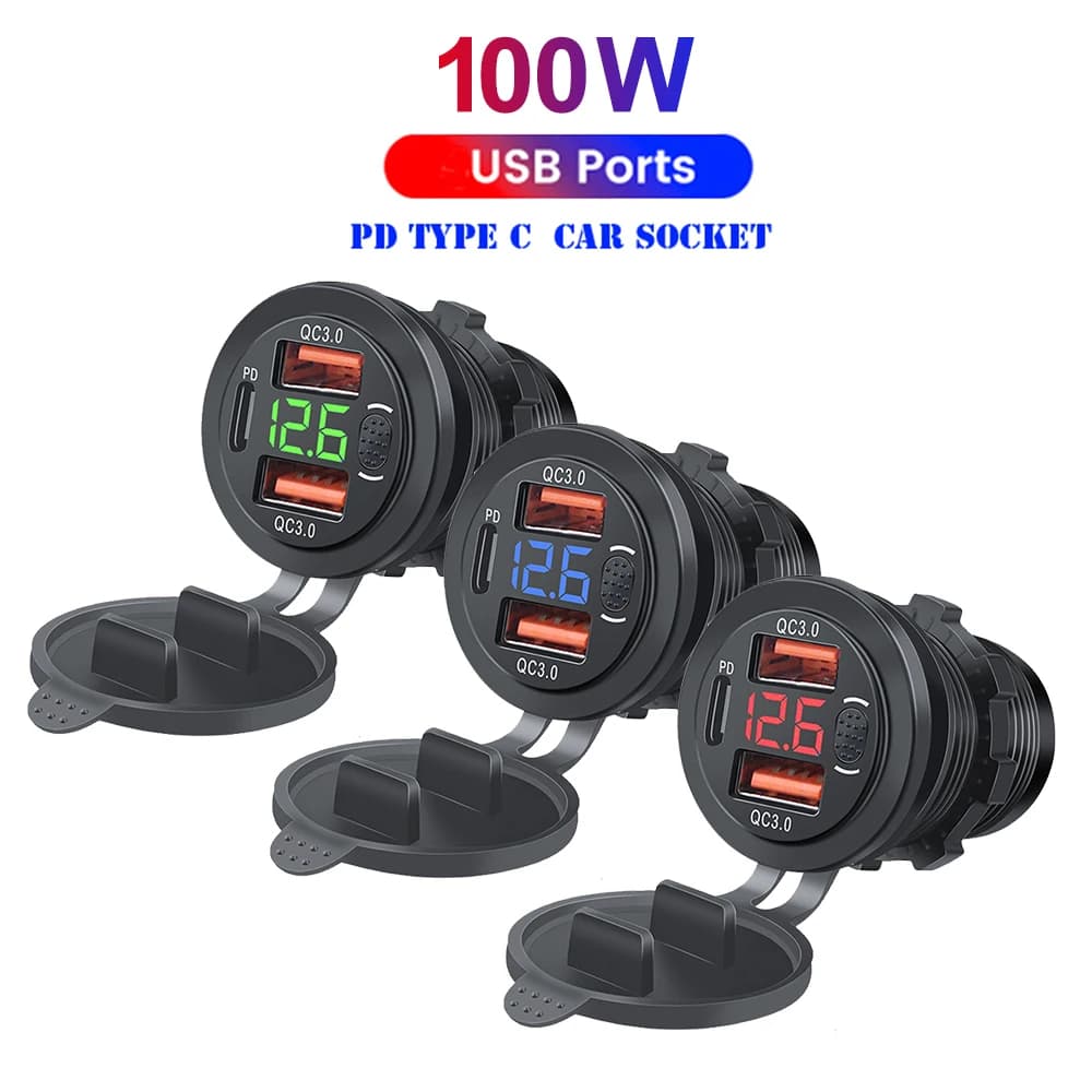 USB C USB PD and 18W QC3.0 USB Charger socket with button switch Digital LED Voltmeter 12V/24V for car boat RV