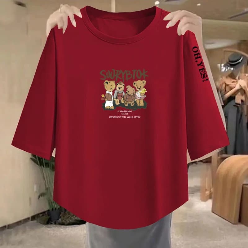 Loose Fit Trendy Korean Style Casual T-Shirt Short Sleeve Printed Moisture Wicking Lightweight Polyester Summer Women's Top