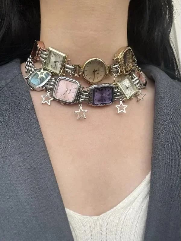 Niche Stitched Watch Pendant Necklace Cyberpunk Retro Old Money Multicolor Summer Jewelry Unisex Men Women Fashion Clavicle