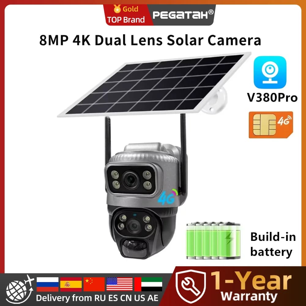 PEGATAH V380 8MP 4K Dual Lens 4G Telecamera solare PIR Rilevazione umana Visione notturna Video di sicurezza Batteria impermeabile IP Camara
