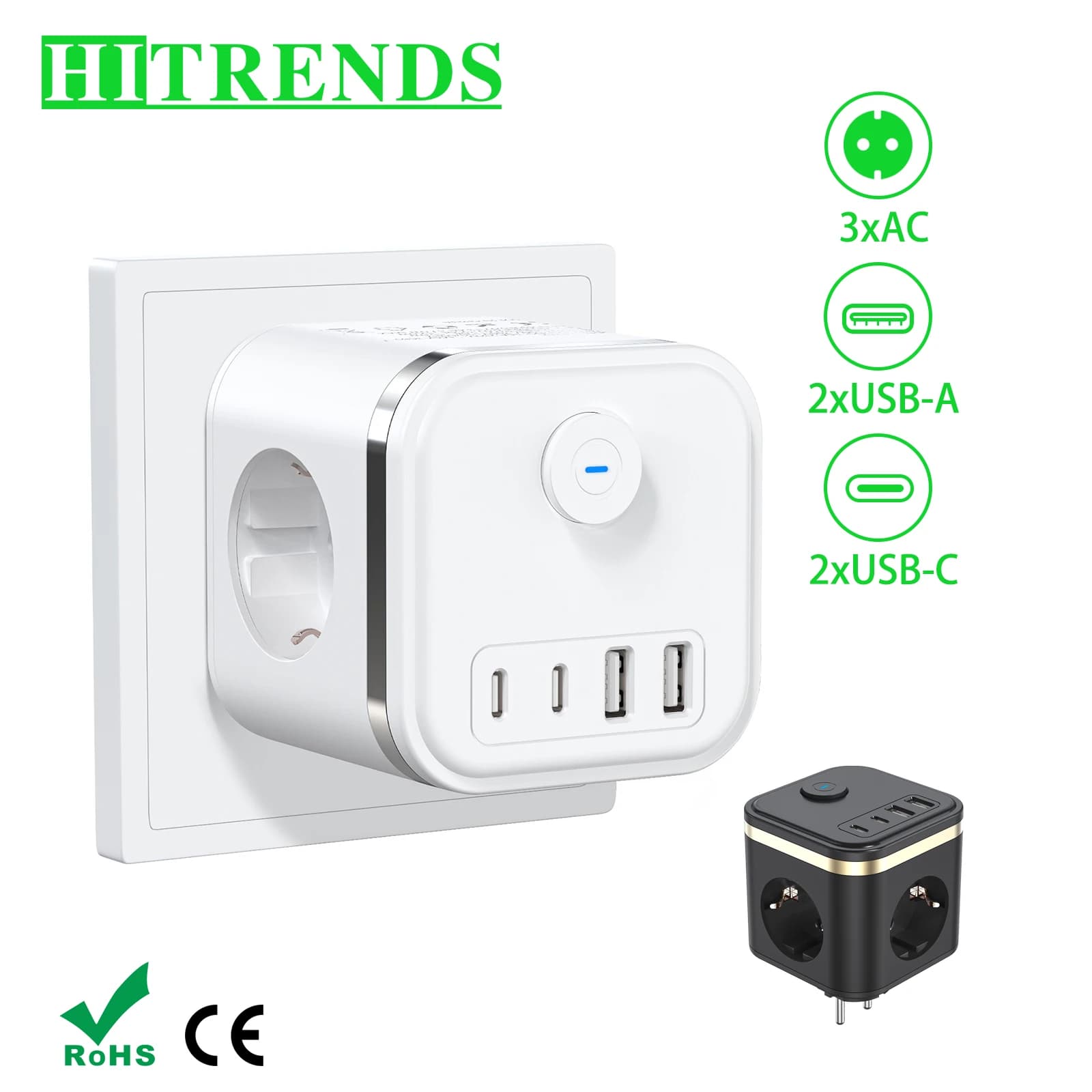 Adattatore multiplo per presa multipla cubo multipla UE 3680W con 3 prese CA 2USB 2 tipo C ricarica rapida per ufficio domestico