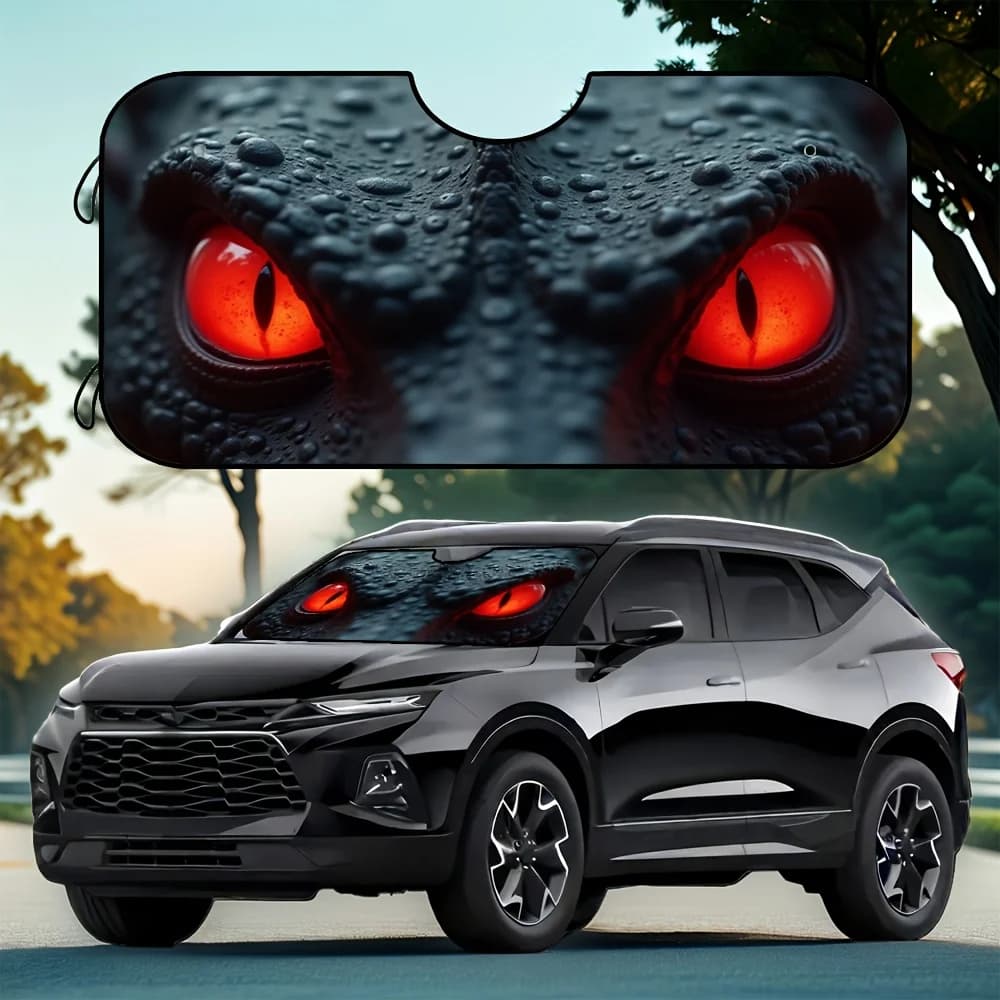 1pc Car Windshield Sunshade with Red-Eyed Alien Design Foldable UV Protection Heat Blocking 4 Free Suction Cups