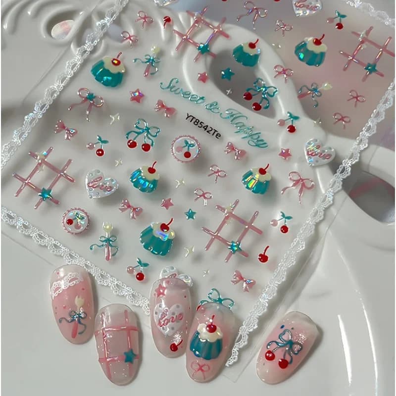 1 Pezzo Adesivi per Unghie Estivi a Forma di Ciliegia Rossa, Decorazioni Lucide 5D con Motivo a Fiocco, Autoadesivi per Nail Art Fai-da-Te