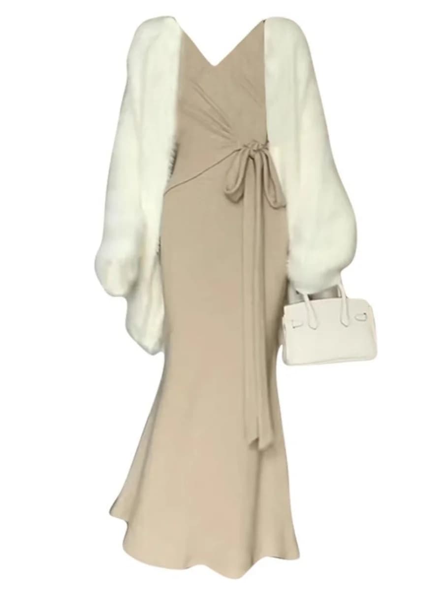 plus Size Knitted Long Dress V-Neck Gathered Waist Gentle Style Women's Fashion Spring Dress with Belt Tenderness Wind