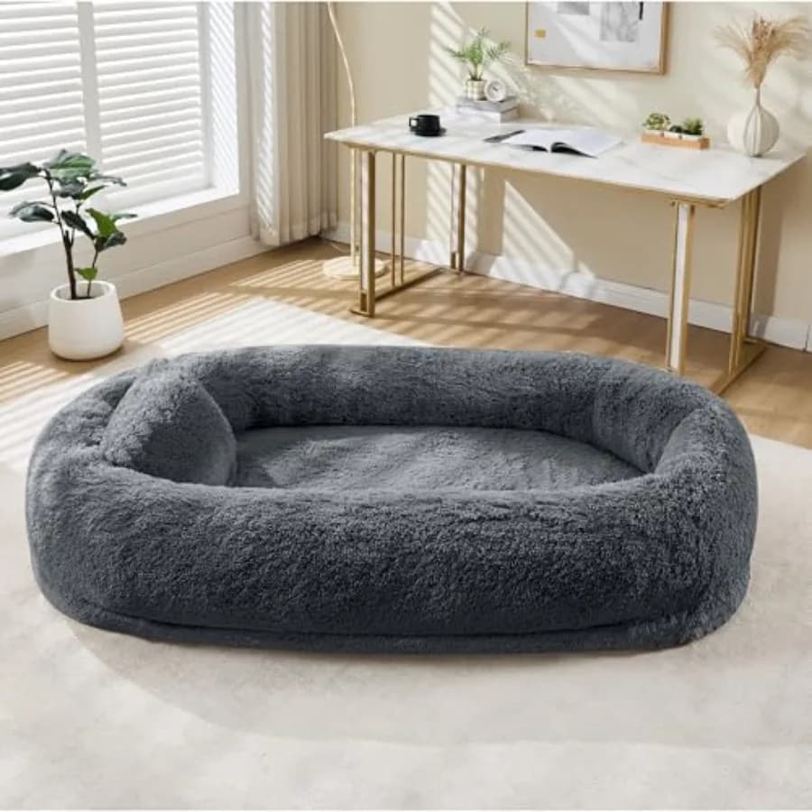 Letto per Cani e Umani 67''x43''x9'' con Schiuma Imbottita e Cuscino, Pelliccia Sintetica Lavabile, Tasche Portaoggetti, Maniglia Portatile, Grande Letto Condiviso per B