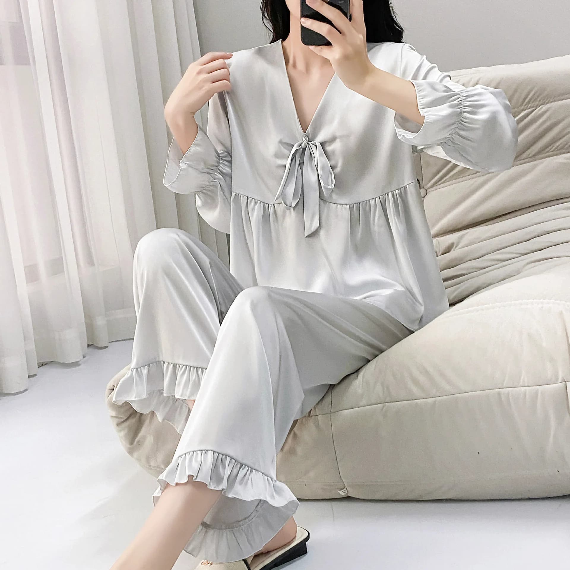 Long Sleeve Pullover Pants 2Pcs Pyjamas Femme Pajamas Silk Satin Sexy Homewear Spring Summer Homewear Girl's Loungewear