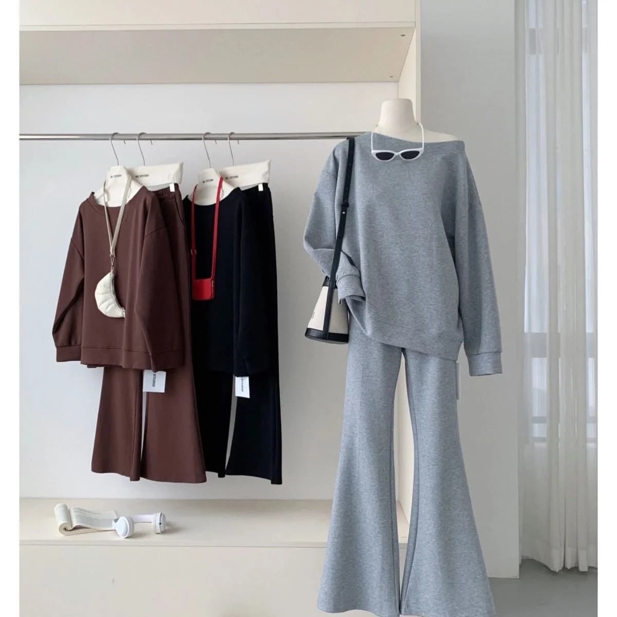 High Quality Lazy Casual Shoulder Bared Hoodie Slimming High Waist Drawstring Flared Pants Set Trendy Chic Winter Outfit for ...