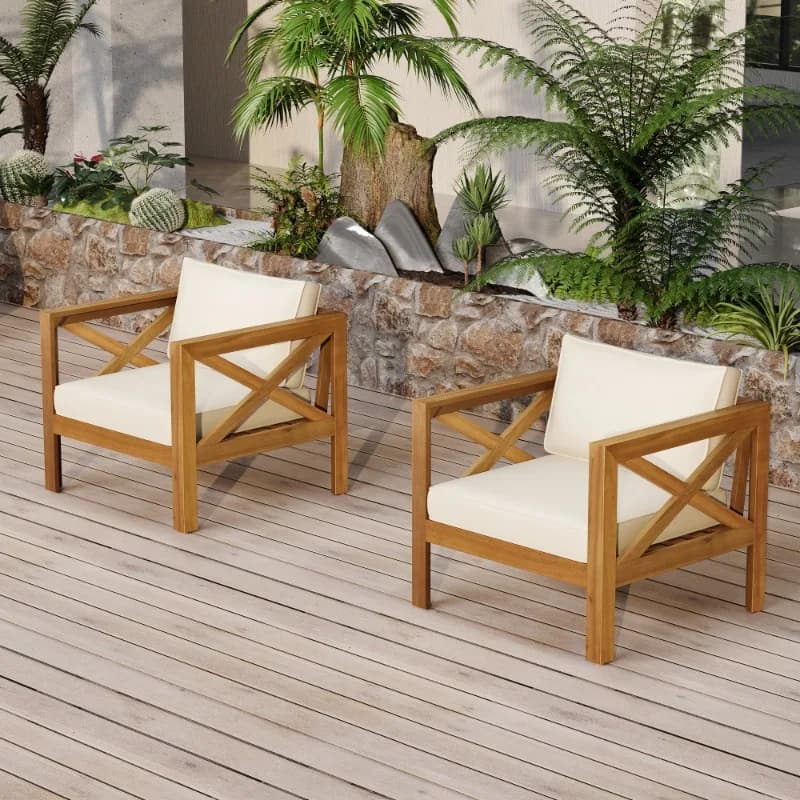 Set di 2 sedie da giardino per esterni in legno con cuscino Poltrone da giardino resistenti alle intemperie per posti a sedere sul balcone del cortile