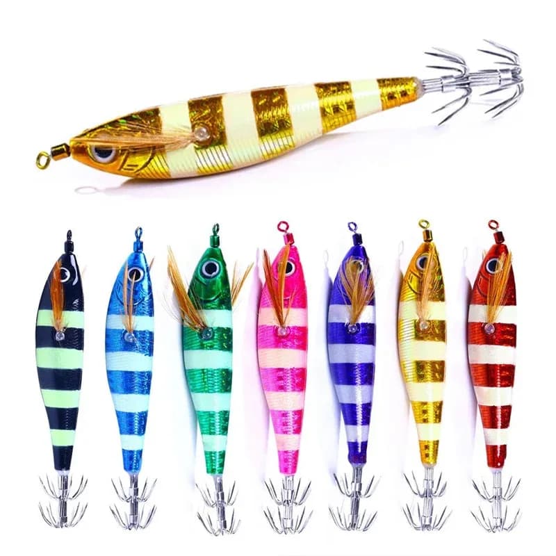 BRAVMACK 7 pezzi di maschere per calamari orizzontali Set esche da jigging artificiali esche da pesca in mare gamberetti in legno d'acqua salata con gancio per calamari