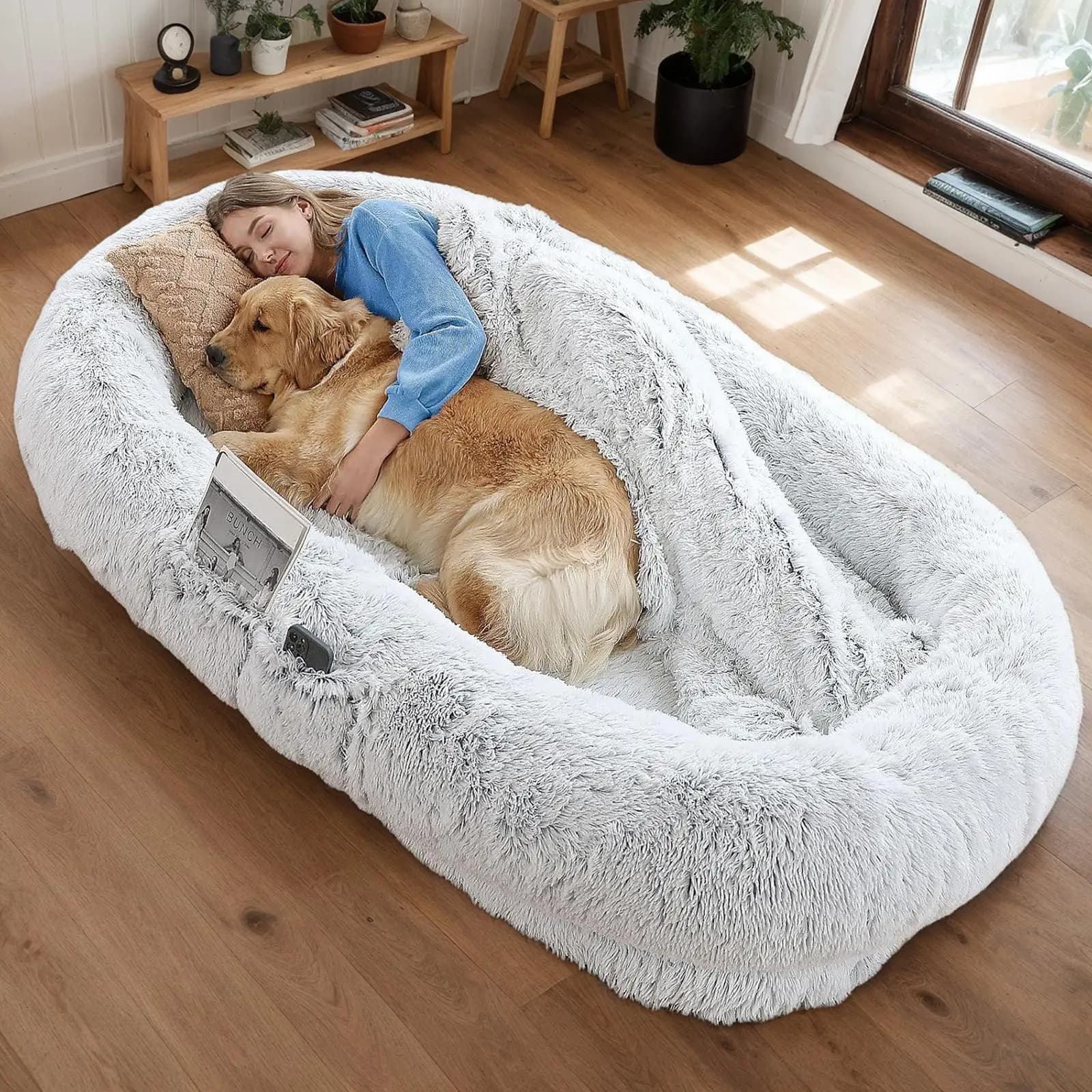 Orthopedic Human Dog Bed 71×45×14in Washable Faux Fur Grey for Humans Pets
