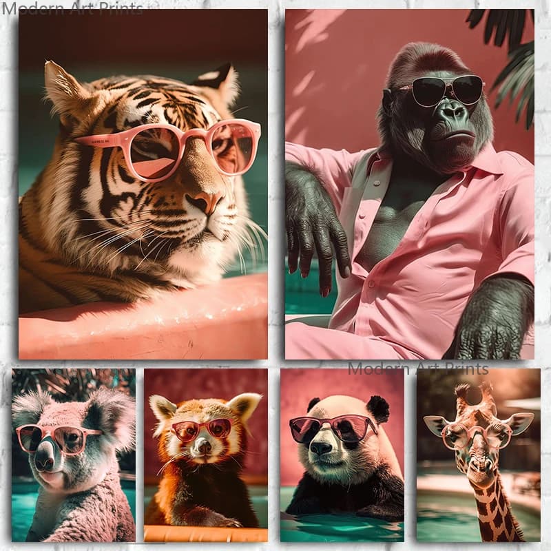 (2D Canvas Painting) Pink Fashion Animal with Sunglass Art Poster and Prints Cool Tiger Lion Panda Giraffe Wall Art Canvas P