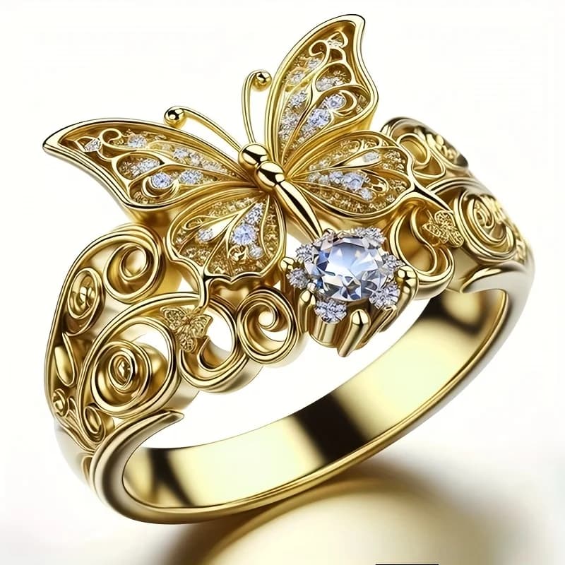 Sparkling Inlaid White CZ Butterfly Women's Ring Gold Color Hand Carving Hollow Daily Wear Party Jewelry Anniversary Gift