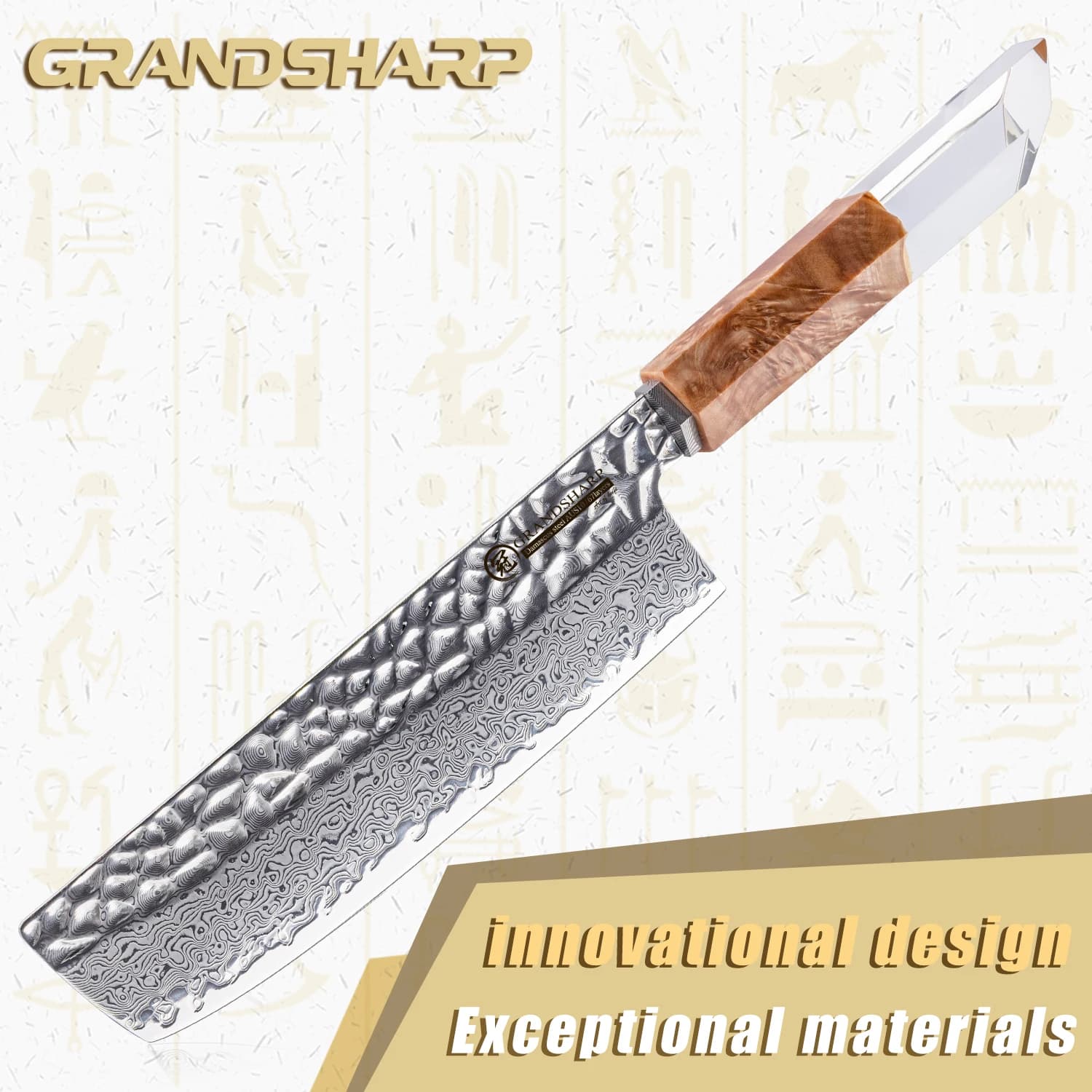 Nakiri knife GRANDSHARP 7 Inches, Damascus steel 67 Roads with Nucleus AUS-10, Hand made of transparent resin and wood, Kitchen Chef knife, Gift Idea