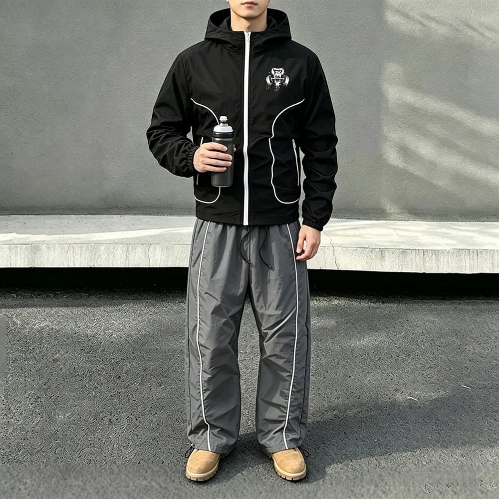 Men 2 Piece Tracksuit Gorilla Dumbbell Print Zip Up Hooded Jacket Drawstring Hem Pants Sportswear Set For Running Streetwear