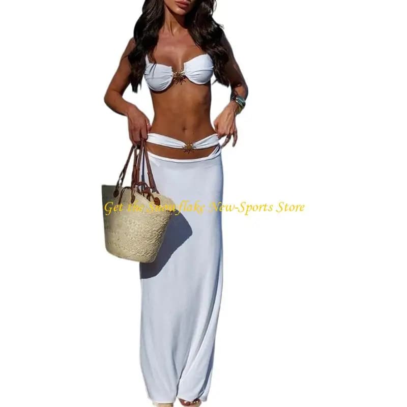 E56D Women Push Up Bathing Suit Set Split Swimsuit Set with Swimwears Coverup Skirt