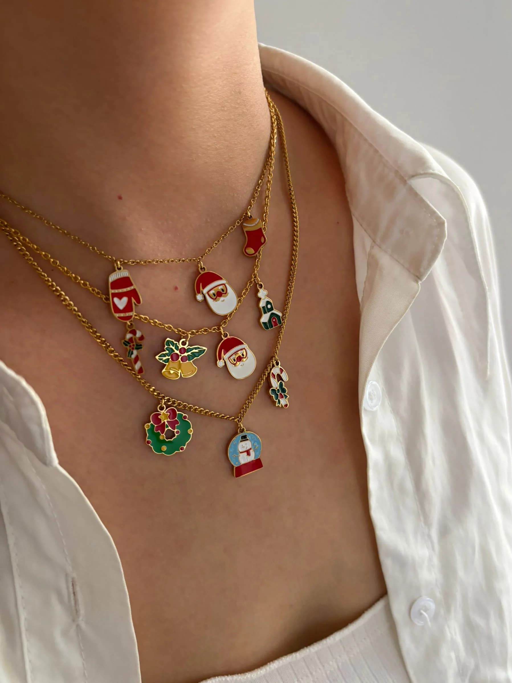 GHIDBK Christmas Gift Stainless Steel Jewelry Fashion Colored Enamel Santa Claus Snowman Sock Charms Pendant Necklaces for Women