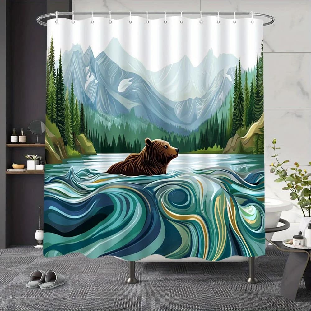 Bear Swimming Lake shower curtain - Digital drawing of brown bear, turquoise water, snow hooded mountains, everse forests