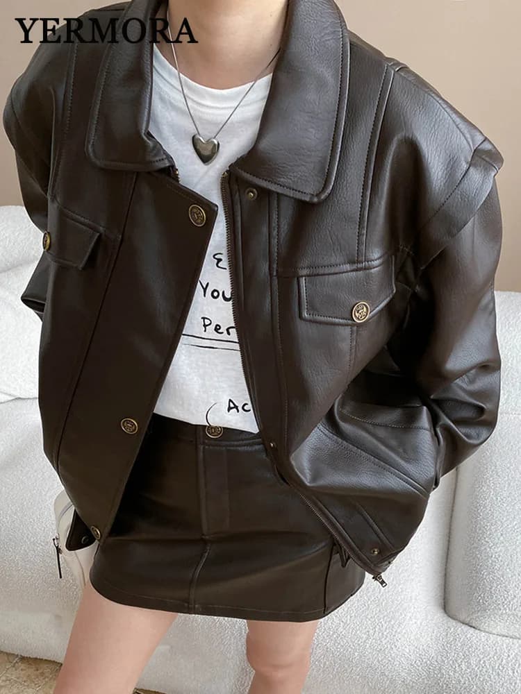 YERMORA Women Coffee PU Leather Vintage Jacket Lapel Long Sleeve Two Pieces Set Half Body Skirt Fashion Tide Spring Autumn 2025
