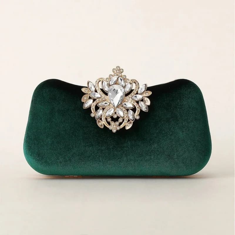 Dark Green Velvet Clutch Bag Luxury Rhinestone Floral Brooch Hard Evening Handbag Elegant Wedding Party Ladies Purse Gold Color