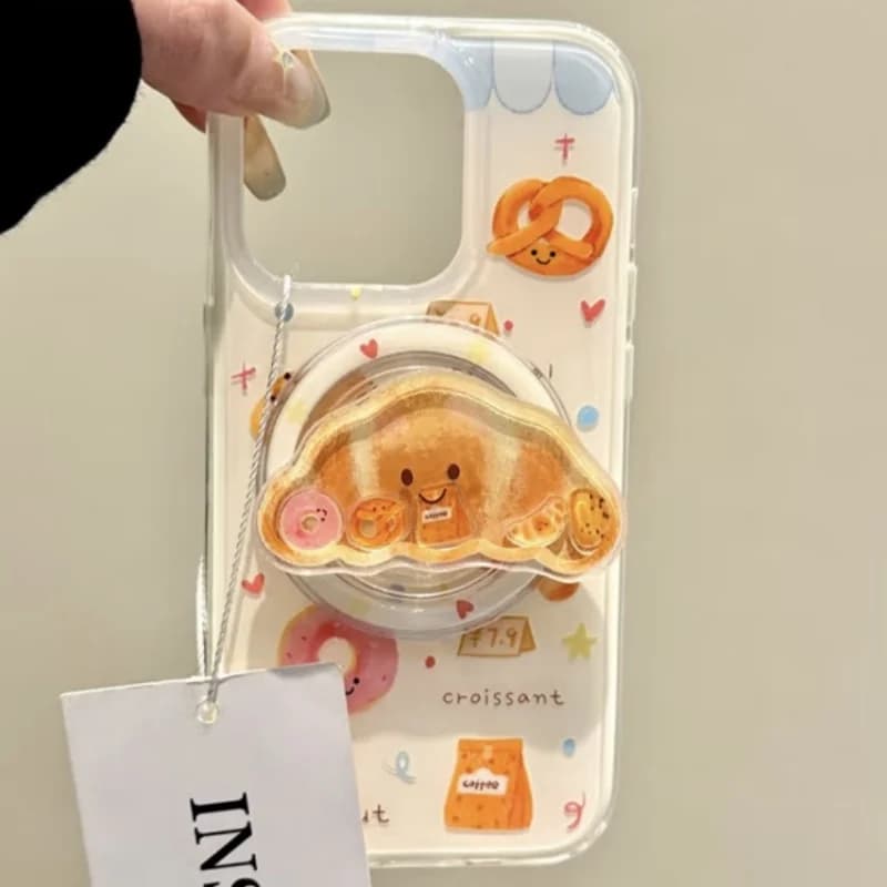 Kroean Simpatico cartone animato Croissant per Magsafe Griptok Supporto per telefono Anello per dito Supporto per iPhone 16 Staffa per ragazza Samsung