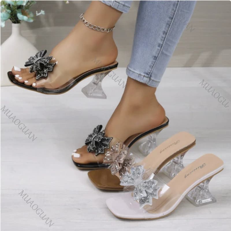 Square Toe Women Heels Slippers Trendy PVC Summer Bow Non-slip Plus Size Party Wedding Heeled Sandals Vacation Dress Shoes