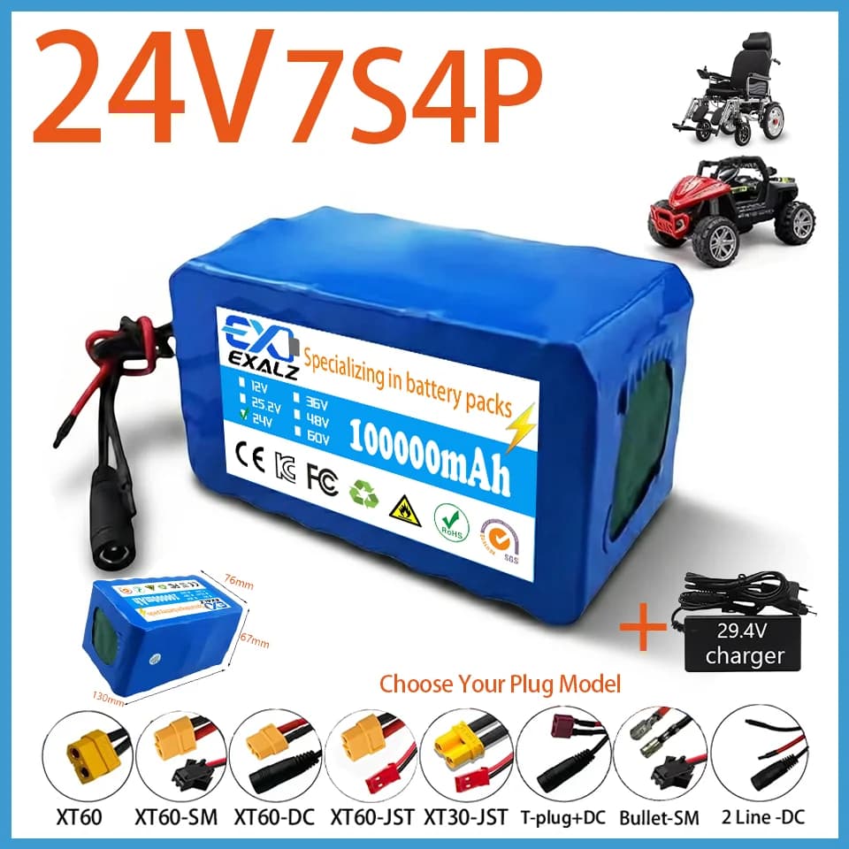 24V Electric Wheelchair Battery Lithium Pack 7S4P 18650 100Ah High Power for Scooter E-Bike BMS + 29.4V Charger Fast Charging