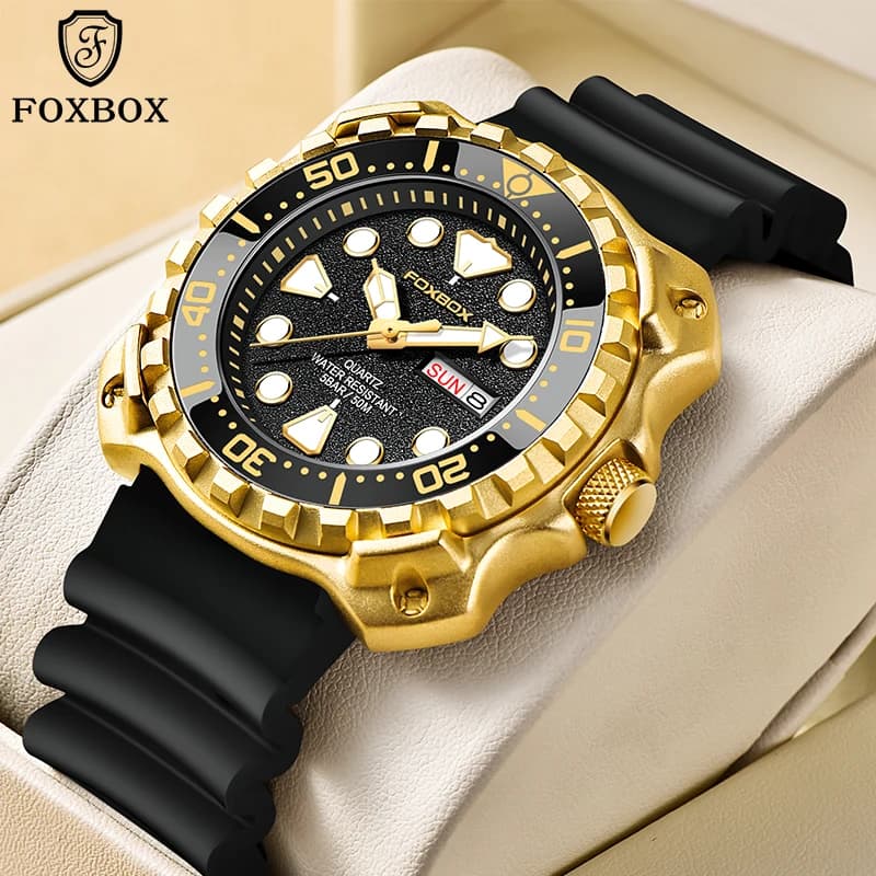 FOXBOX men's fashionable gold watches, 30M waterproof men's quartz wristwatch, men's military silicone sports watch