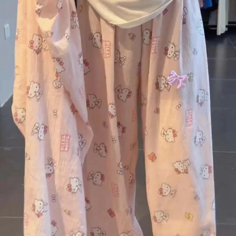 Pantaloni pigiama Hello Kittys da donna Kawaii Pantaloni larghi larghi a gamba larga primavera autunno Pantaloni casual a vita alta per ragazza Pantaloni sottili per la casa
