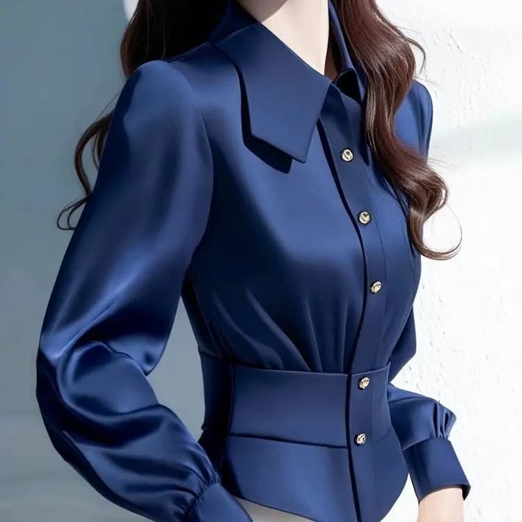 Waist slimming shirt in blue satin for French style commuting for women New spring top 2025