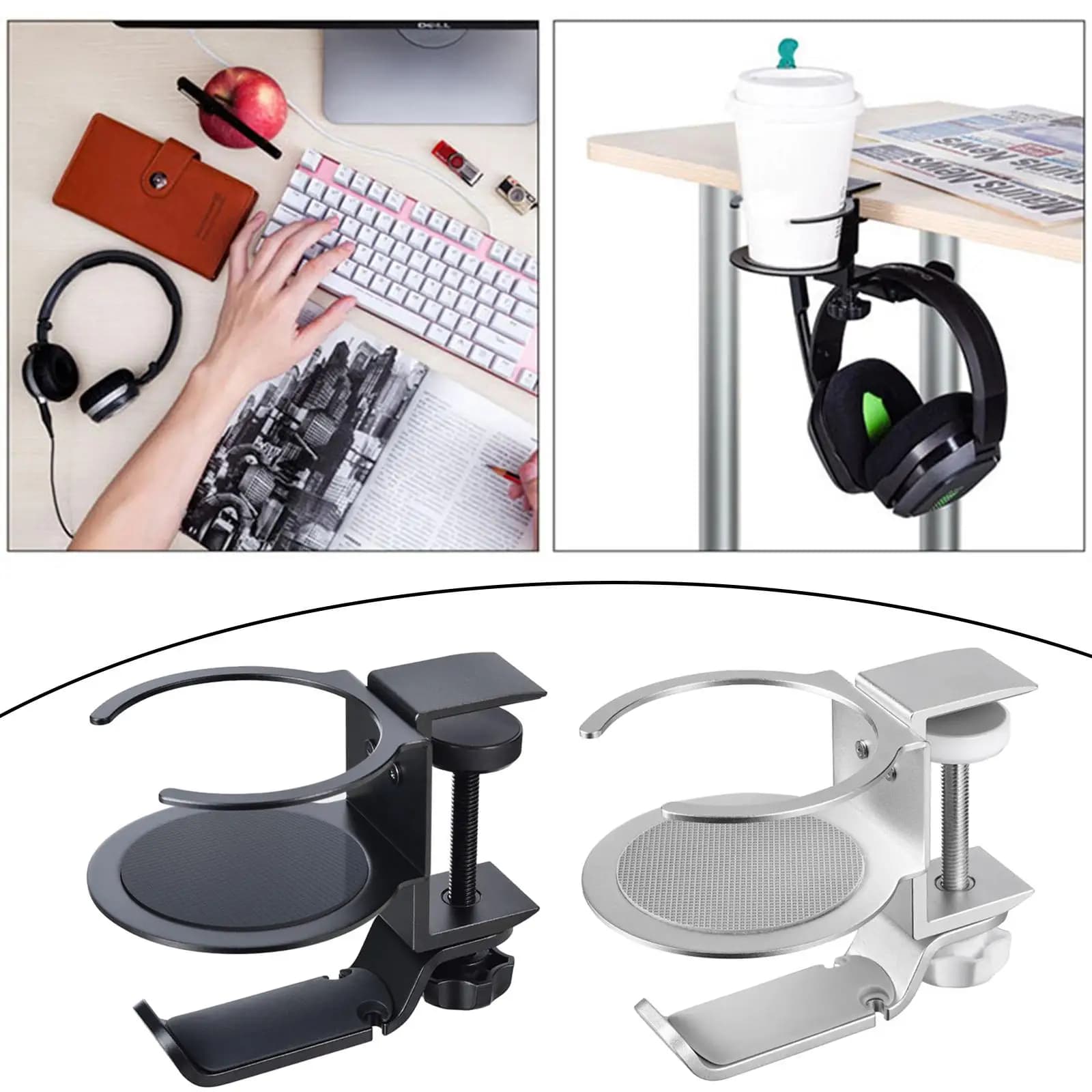 360 ° Supporto Girevole per Cuffie e Portabicchieri da Scrivania, Organizzatore Universale per Spazio di Lavoro con Clip per Cavi
