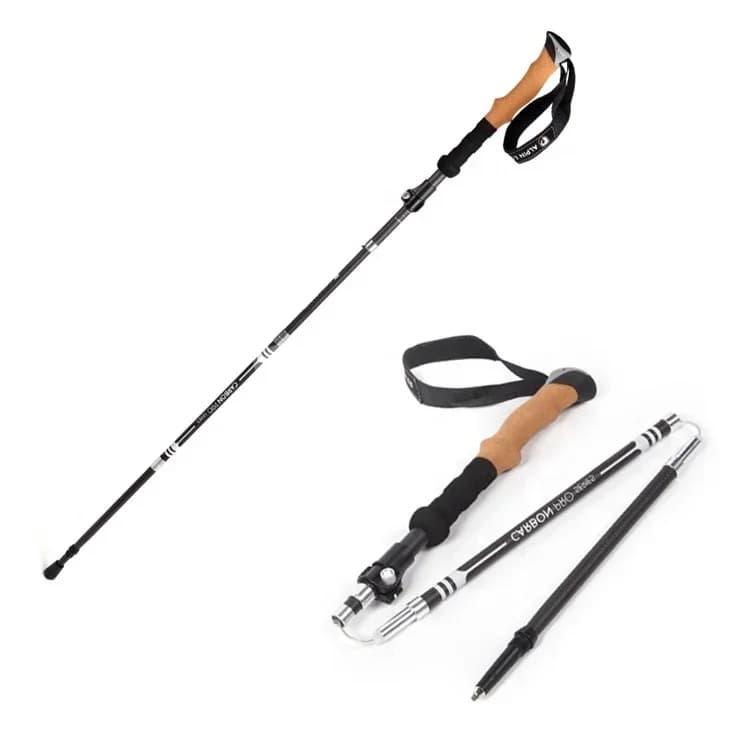 Foldable 5-section carbon fiber telescopic trekking poles, lightweight, for outdoor hiking.