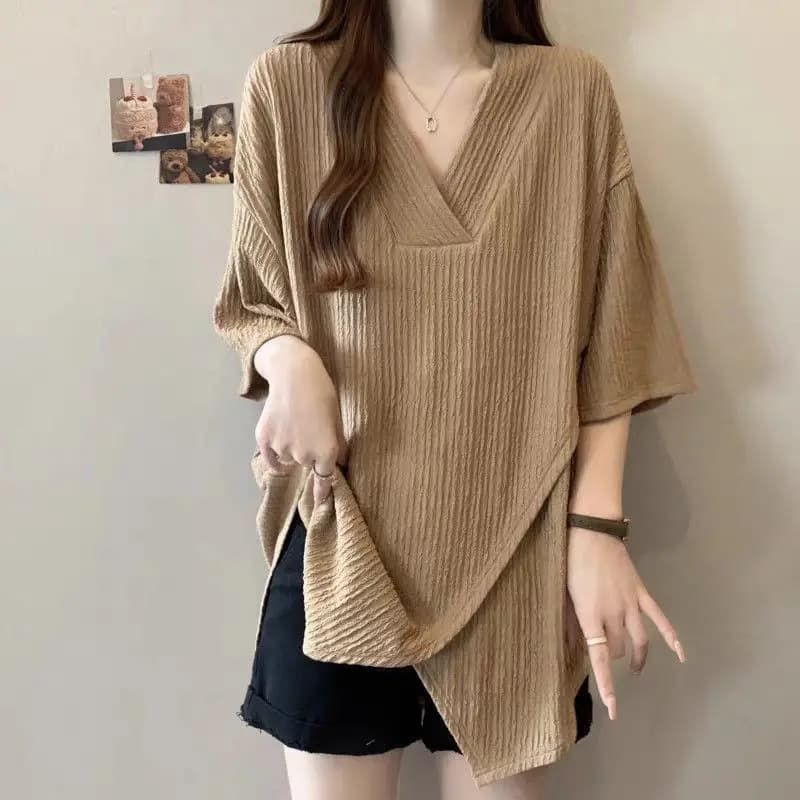 Plus-size women's spring and summer new pure color loose slimming V-neck crossover irregular mid-length short-sleeve T-shirt