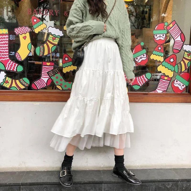Patchwork Maglia Bianca Elastico in Vita A-line Gonna Lunga Casual Solido Semplice per Abiti da Donna Coreano Preyy Chic Dolce Moda Nuovo