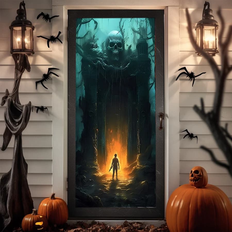 One 2D decorative panel print featuring an eerie Halloween skull pattern for a door curtain - interior and exterior decoration