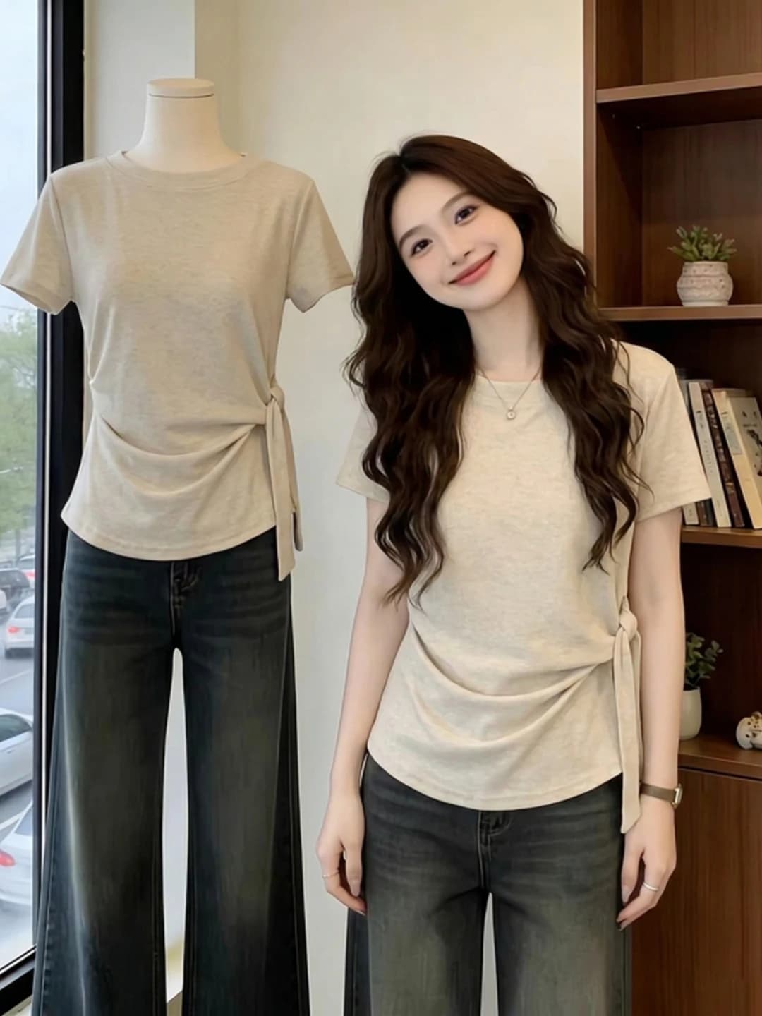 Summer Women's T-Shirt Belted Shoulder Length Short Sleeve Asymmetrical Design plus Size Conceal Meat Slimming Trendy Top