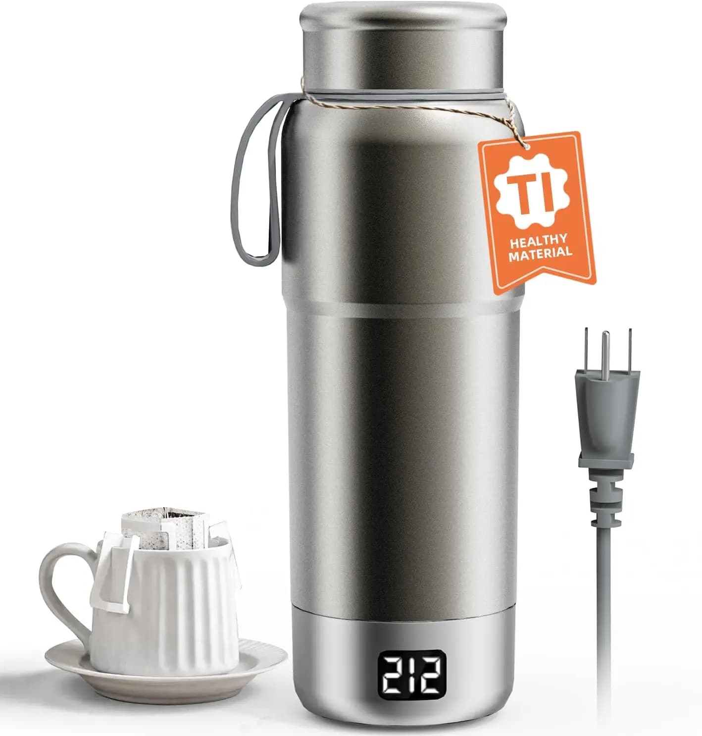 Portable Electric Kettle for Office & Hotel, Pure Titanium, Gray, 12 Temp Presets, Dual Voltage, Fast Boil, BPA-Free, Leak-Proof