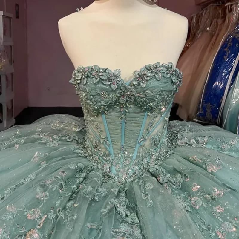 Personalizzato lucido verde chiaro con spalle scoperte Abito Quinceanera Tull Pizzo stratificazione 3D fiore applique abiti da 15 Quinceanera