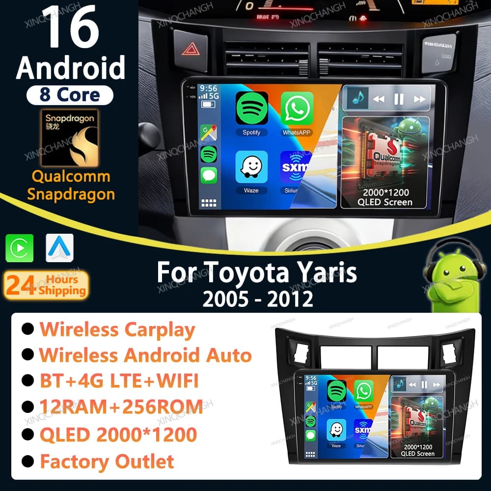 Android 16 Car Radio Carplay Auto For Toyota Yaris Xp90 2005 - 2012 Video 2 DIN Stereo Accessories Player Head Unit Audio Frame