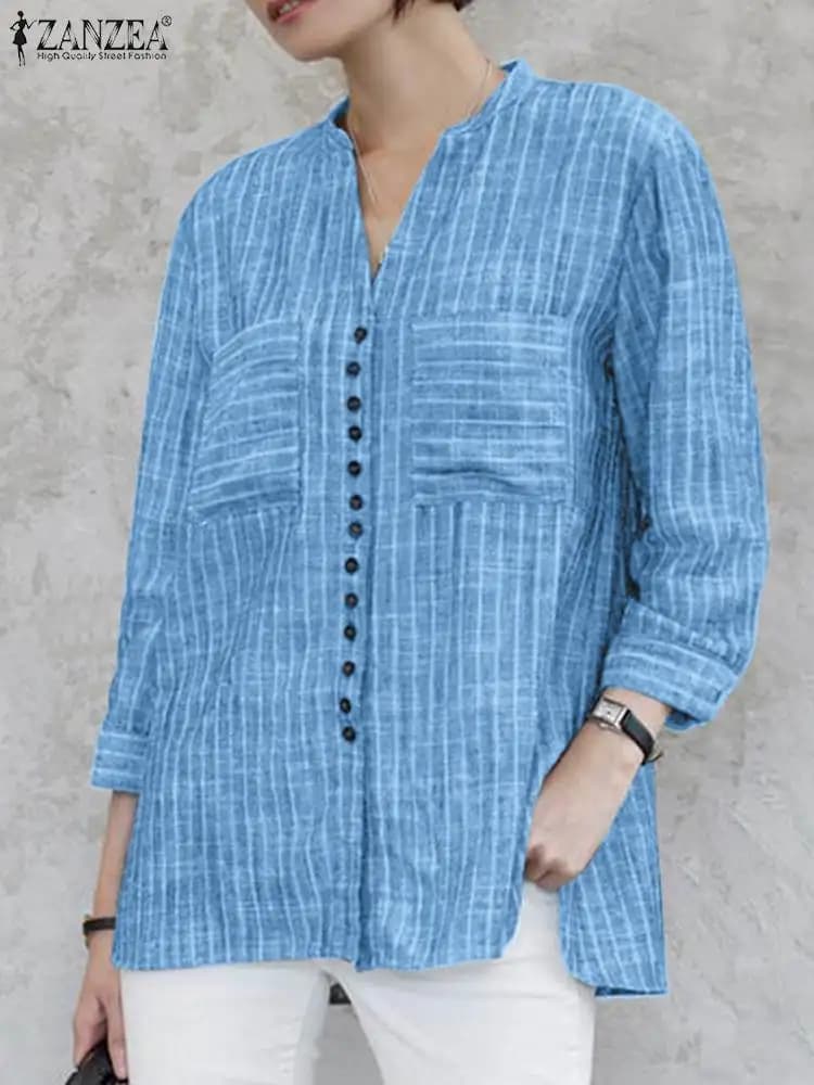 ZANZEA Fashion Stripe Printed Shirt estate 3/4 manica con scollo a v camicetta femminile Casual Blusas Mujer donna elegante sciolto coreano top