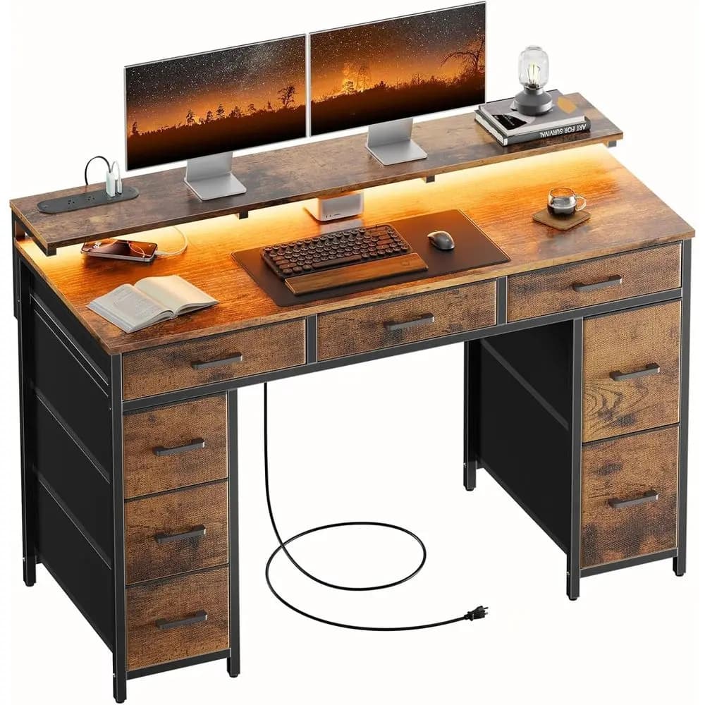 Gaming desk with 47 LED lights, 8 drawers, USB ports and monitor support - Rustic Brown
