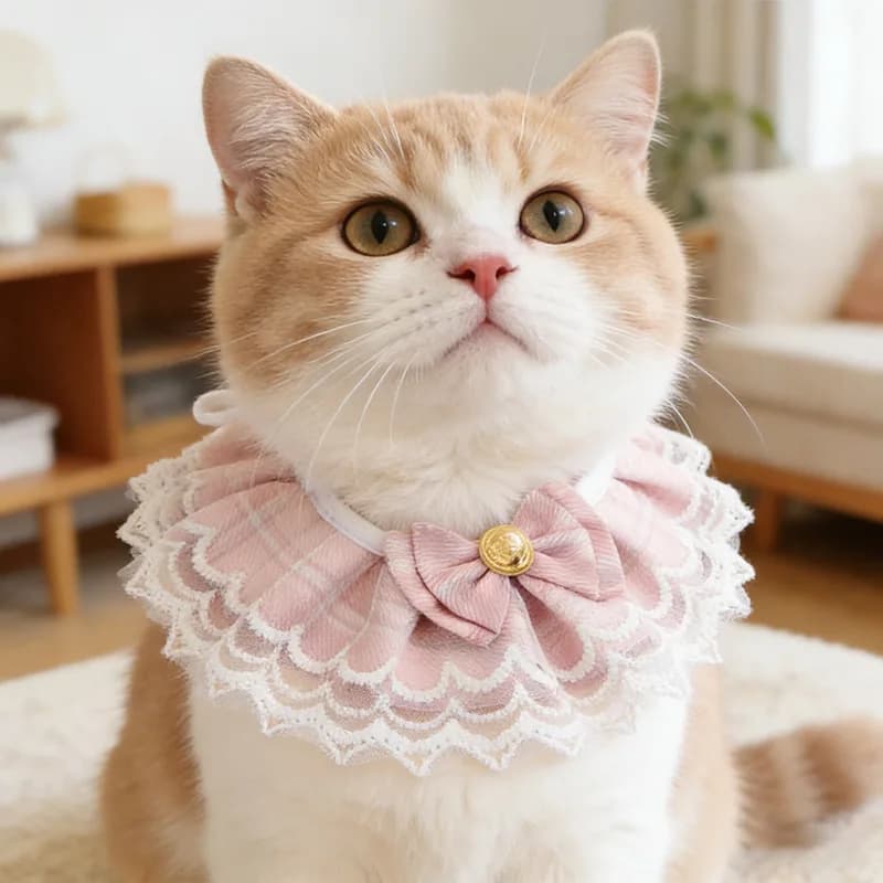 Multi layer lace pet bib, pearl buckle, bow collar, cat, dog universal drool towel