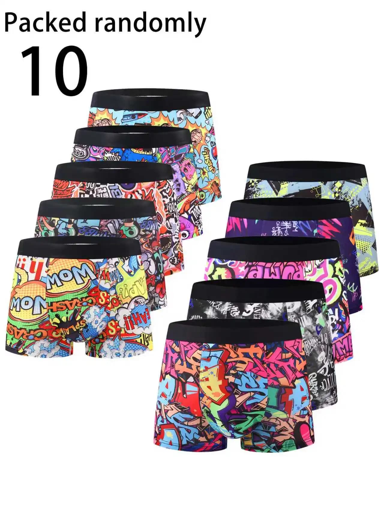 10-Pack Men's Graffiti Boxer Briefs Street Style Personalized Print Comfortable Mid-Waist Youth Trendy Underwear