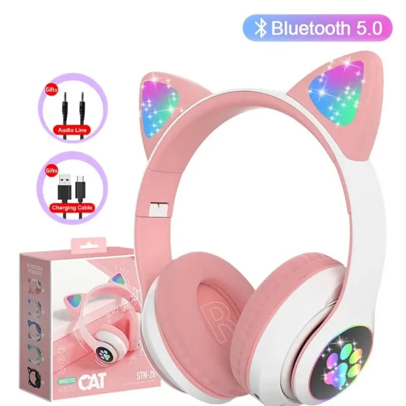 Cuffie Bluetooth 5.0 con Microfono e Luce LED, Design con Orecchie di Gatto, Supporto Scheda TF, Wireless, Regalo di Compleanno per Bambine
