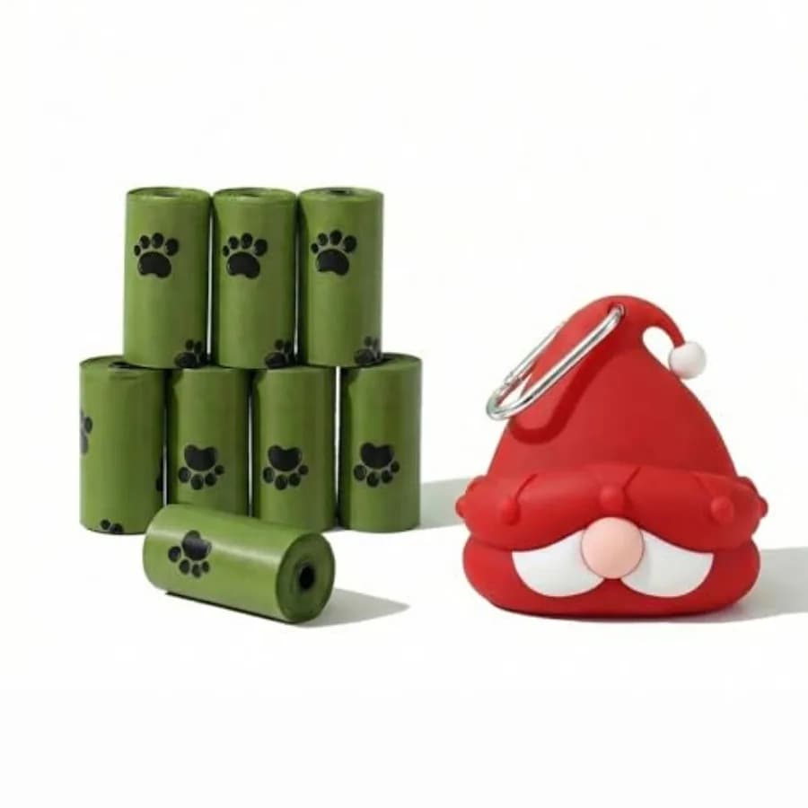 Dispenser per Sacchetti per Cani in Silicone con Design a Gnomo Carino, con Moschettone, Porta Sacchetti Portatile da Guinzaglio, 120 Sacchetti, 8 Rotoli, 1 Pezzo