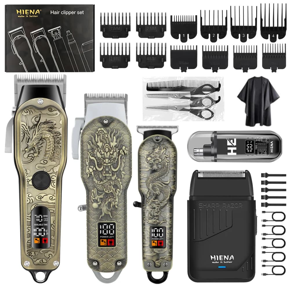 HIENA Dragon Pattern LCD Hair Clipper Set Cordless Barber Cutting Machine Trimmer Shaver Kit Combs Scissors Cape for Men Salon