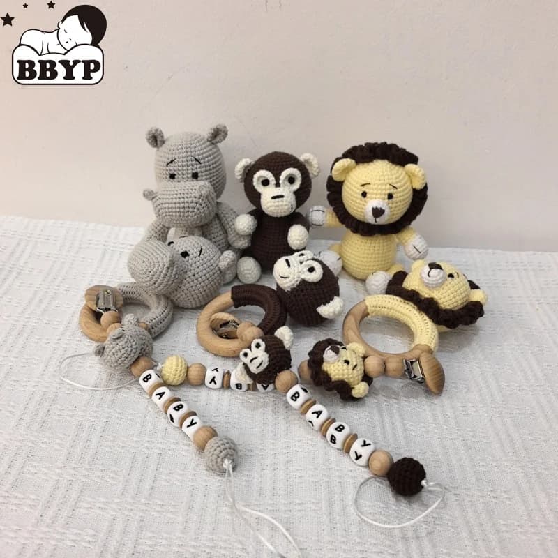 Crochet Ippopotamo Scimmia Massaggiagengive kawaii Kintted Peluche Giocattolo Legno di faggio Neonato Massaggiagengive Anello Ciuccio Clip Bambino Amigurumi