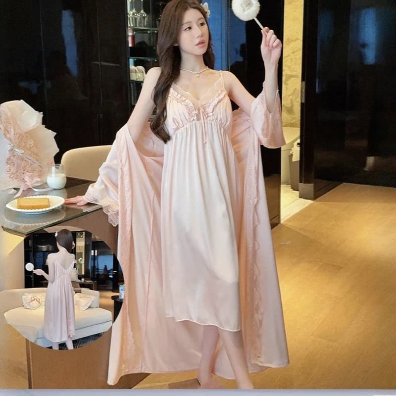 Set di 2 Pezzi Kimono e Vestaglia da Donna, Abbigliamento da Notte in Raso Setoso con Pizzo, Lingerie Intima, Vestaglia Primaverile ed Estiva, Completo da Casa