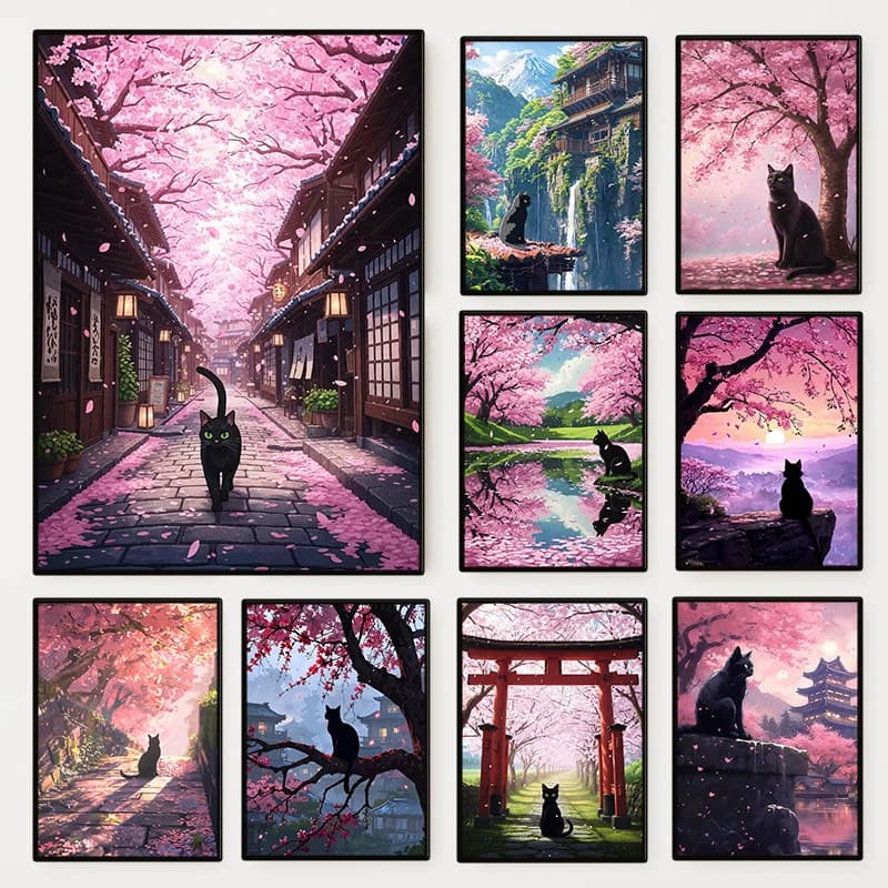 (2D Canvas Painting) Black Cat Cherry Blossom Tree Poster Japan Sakura Beautiful Nature Landscape Canvas Painting Wall Art f