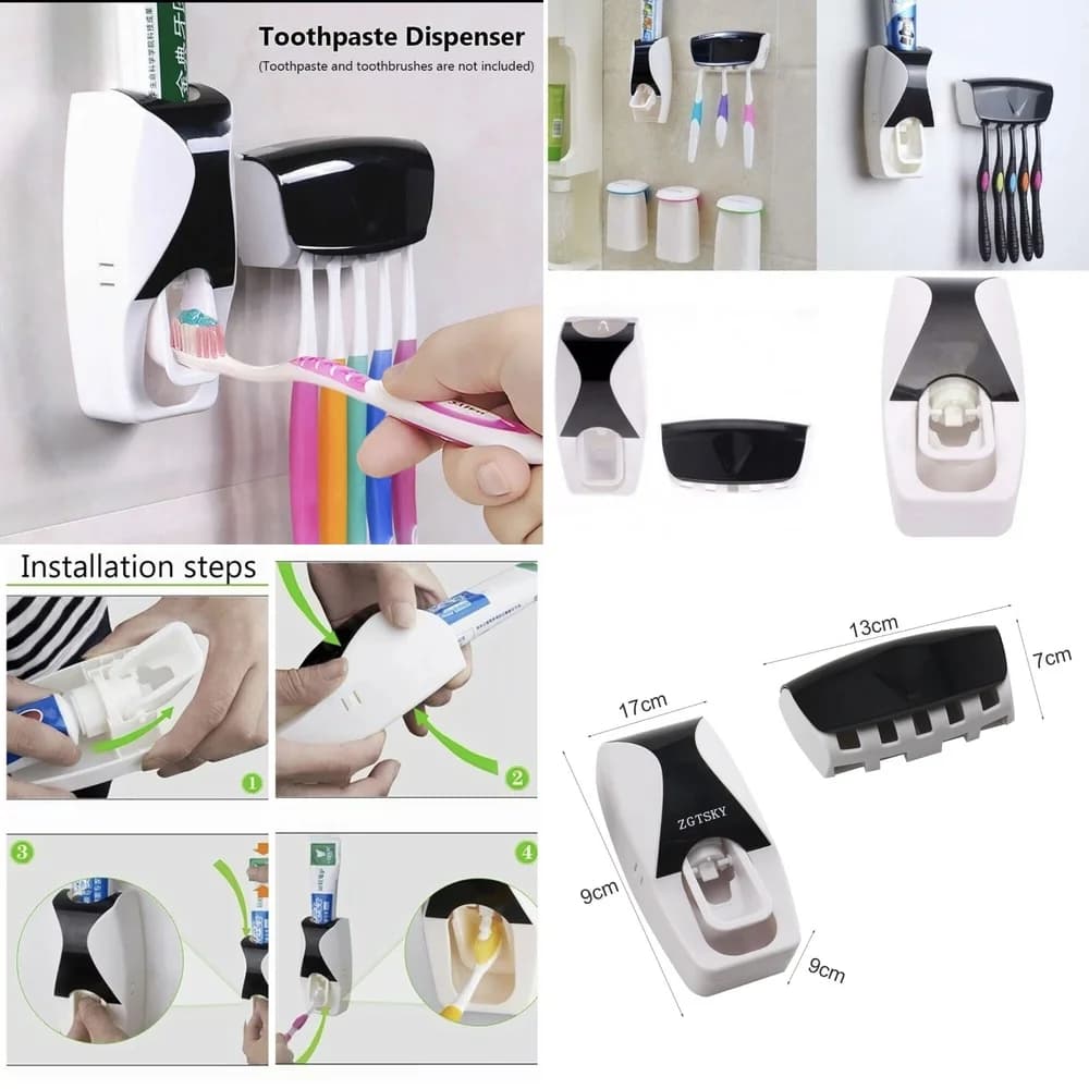 Set portaspazzolino da parete per bagno da 5 pezzi con dispenser automatico di dentifricio per portaoggetti da appoggio